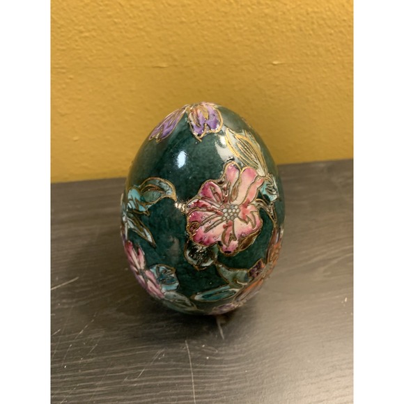 Vintage Cloisonné Egg Floral Porcelain Hand Painted Green Easter Egg 4"‎ Tall - Picture 1 of 8